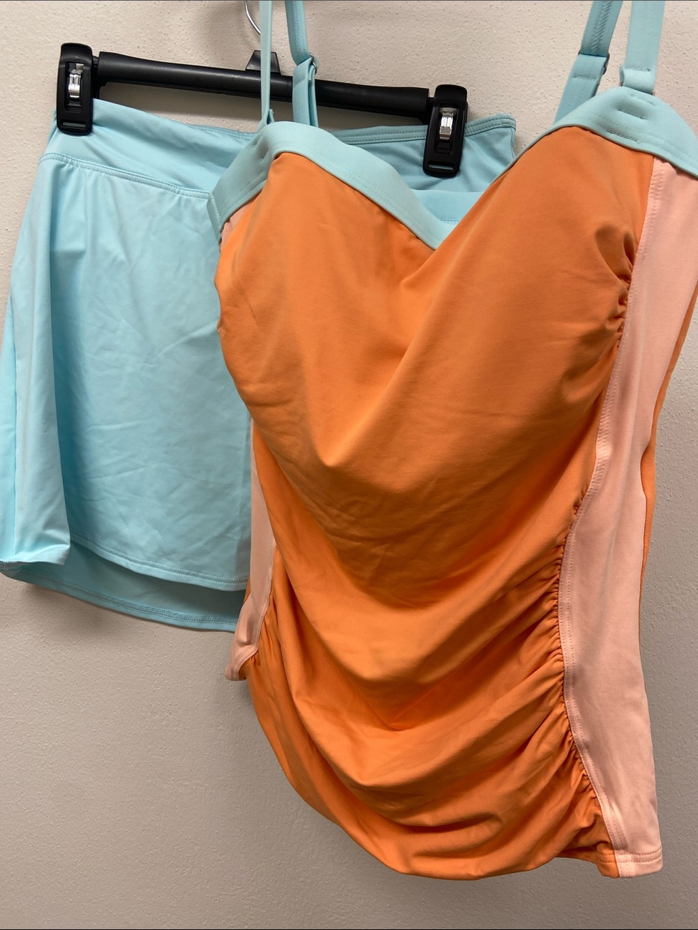 Lands' End Orange and Aqua Colorblock Swim Top and skirt